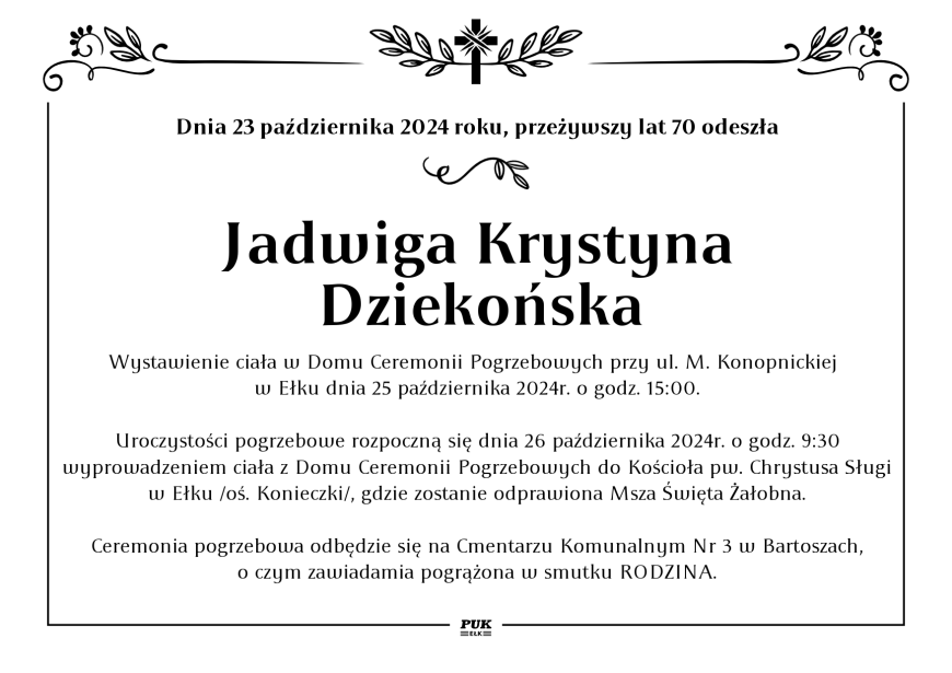 Jadwiga Krystyna Dziekońska - nekrolog